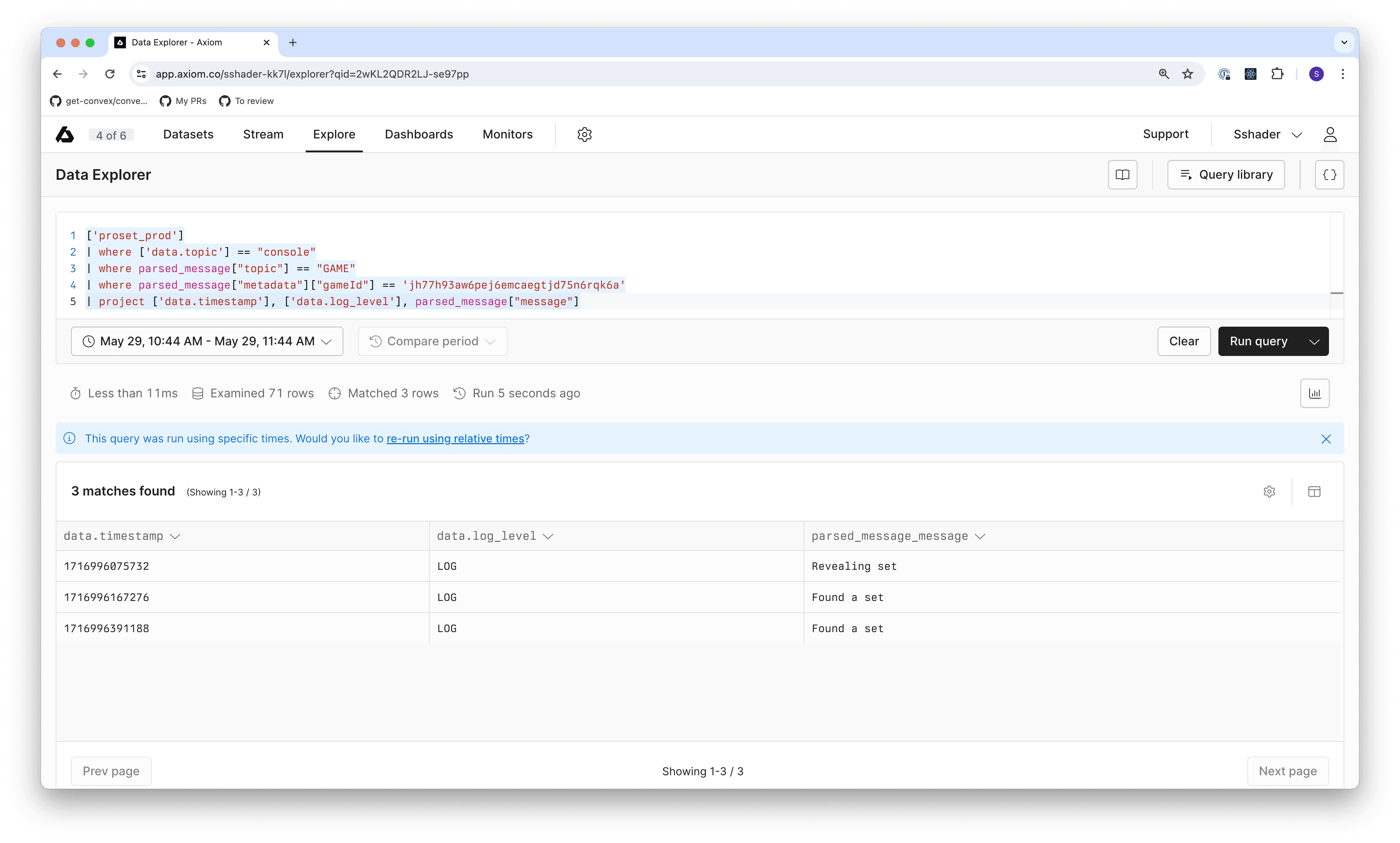 Filtering to logs for a game in Axiom