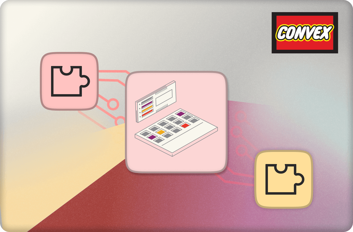 multiple puzzle pieces connecting with circuitry to some main technology, to represent convex components.