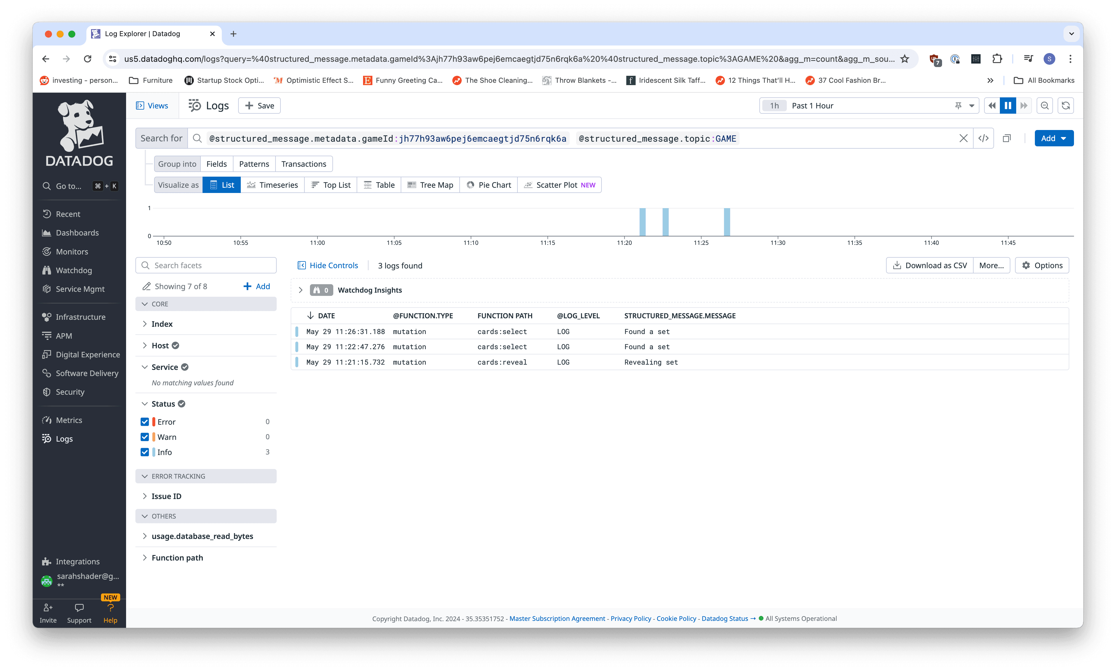 Filtering to logs for a game in Datadog