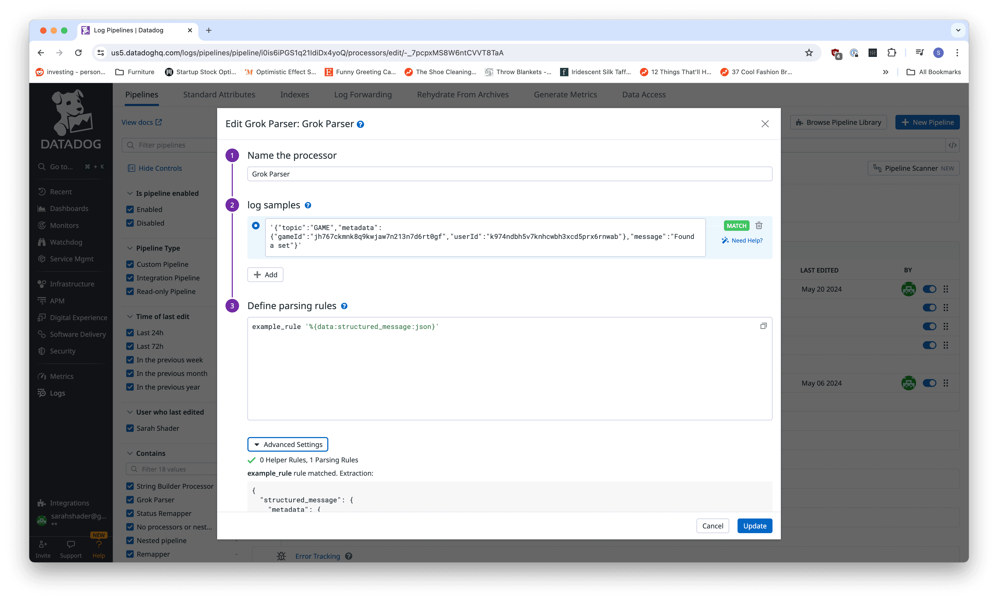 Adding a Grok parser in Datadog