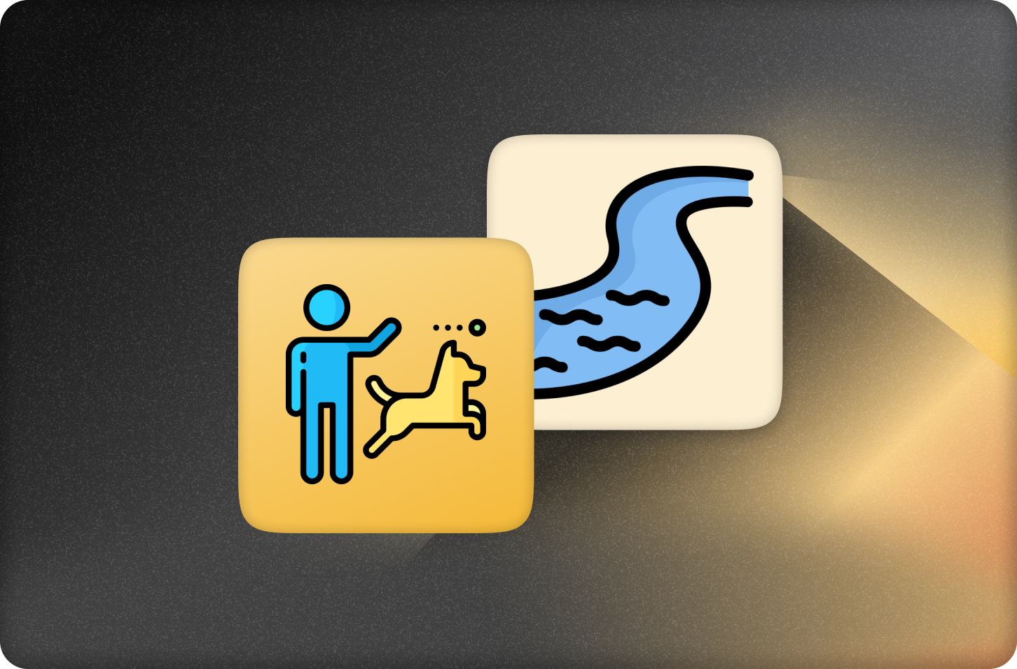 Icon of a person throwing a ball for a dog to fetch and a stream on the right, representing the post title