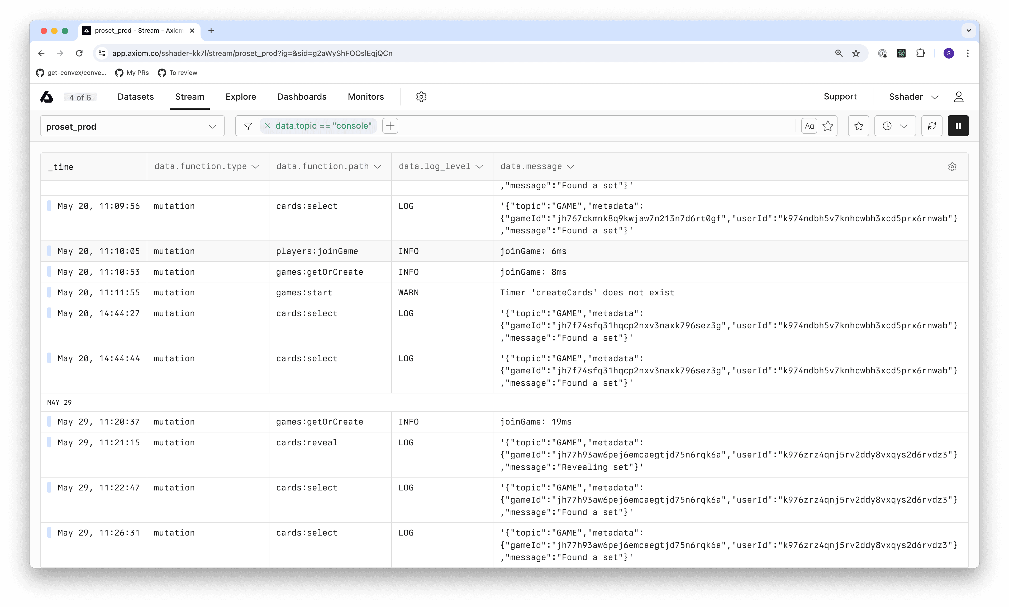 Console logs in Axiom