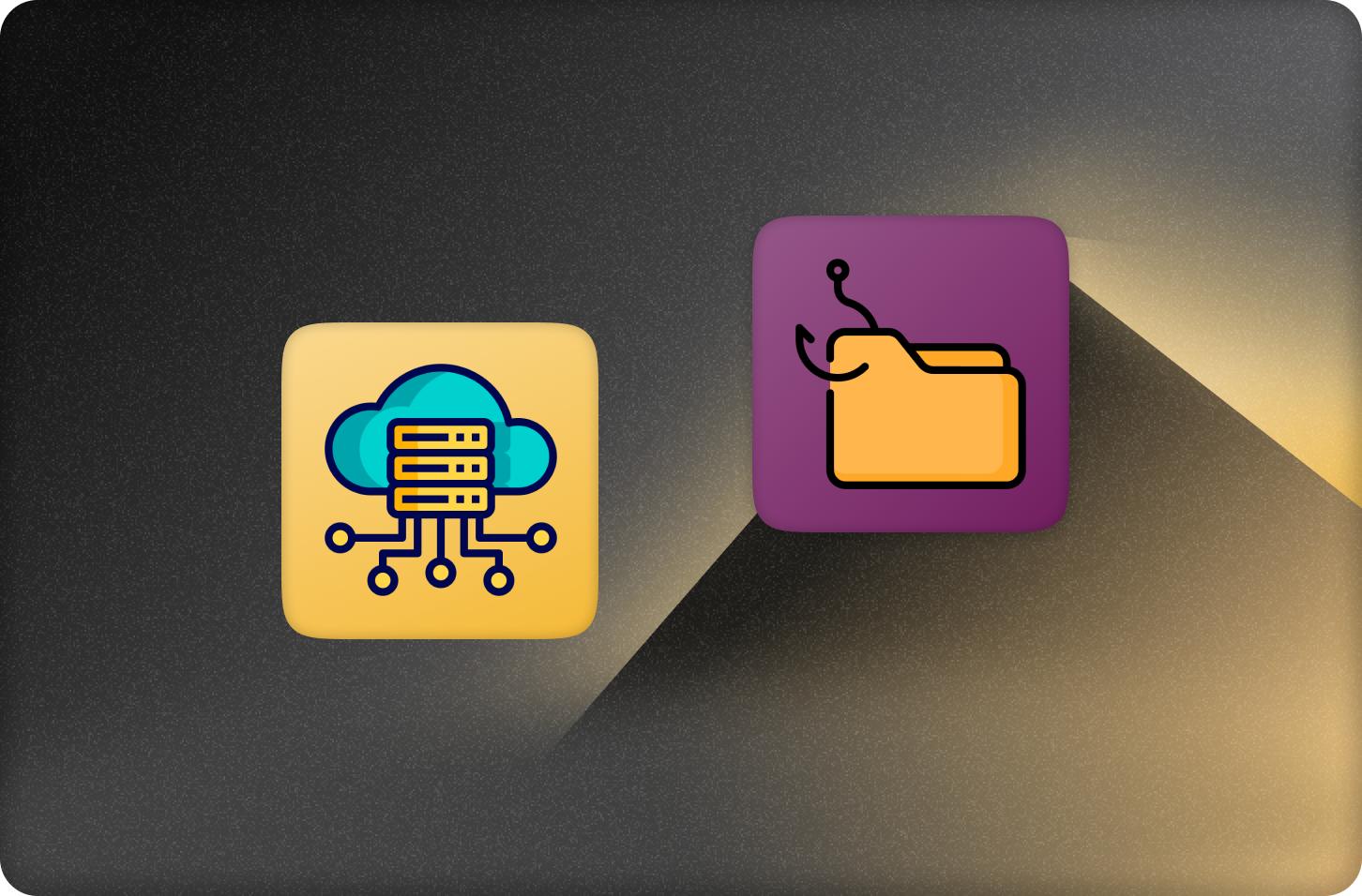 On the left, a distributed server icon, on the right a folder icon with a pirate's hook in it