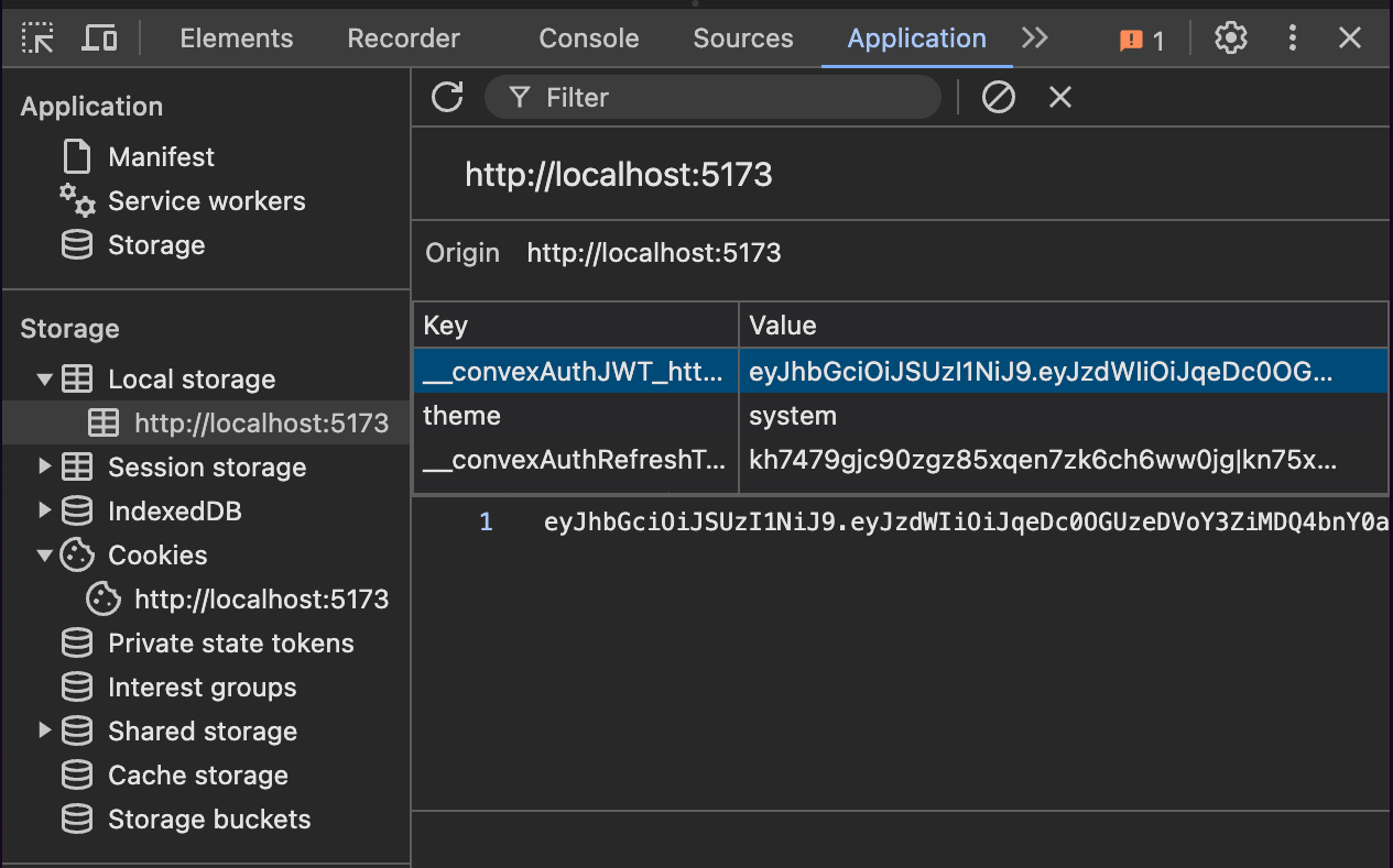 Local storage section, with a key named "_convexAuthJWT..."