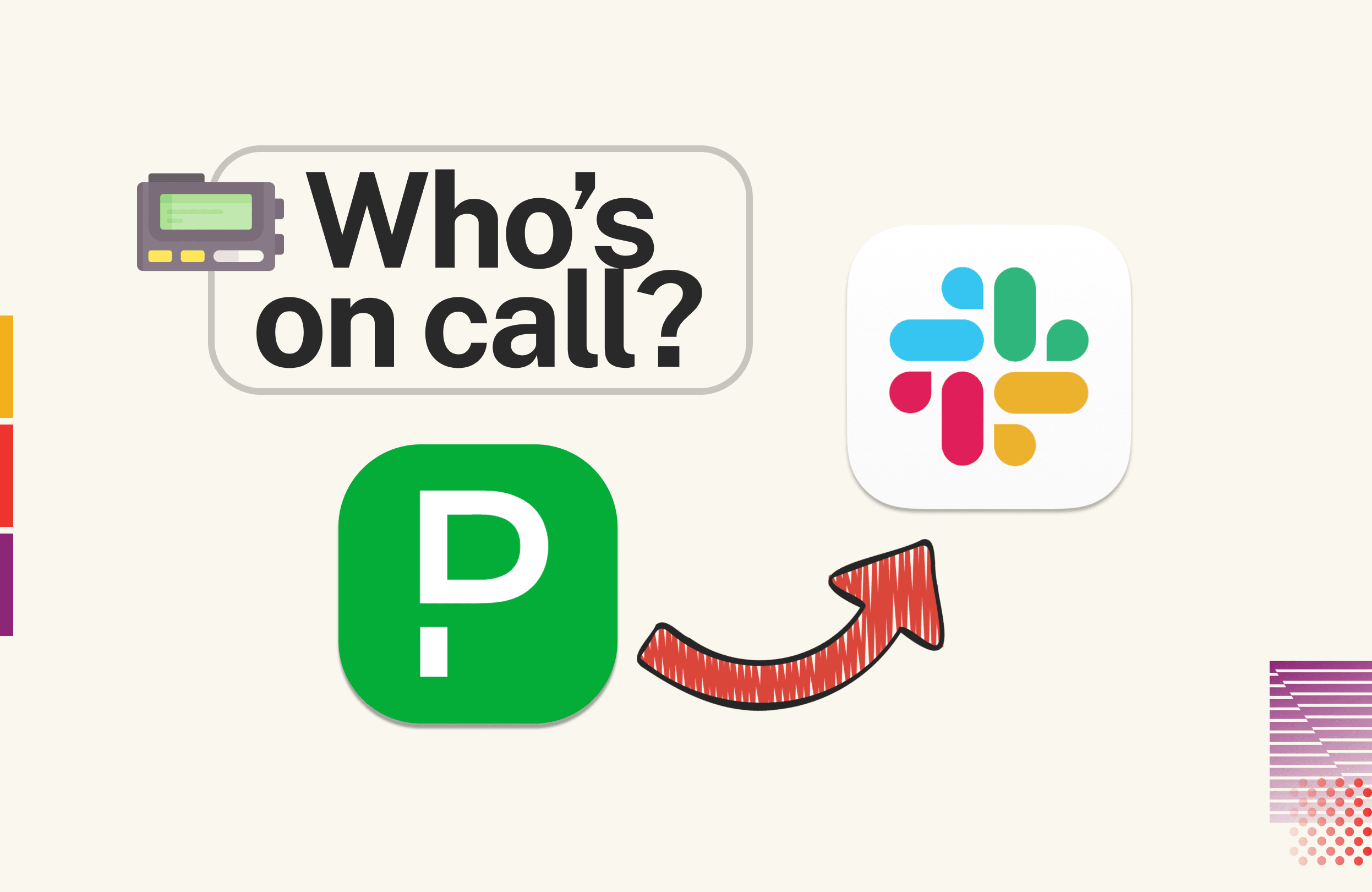 "who's on call?" in black text, above an image of the pagerduty logo with a red arrow going to the slack logo.