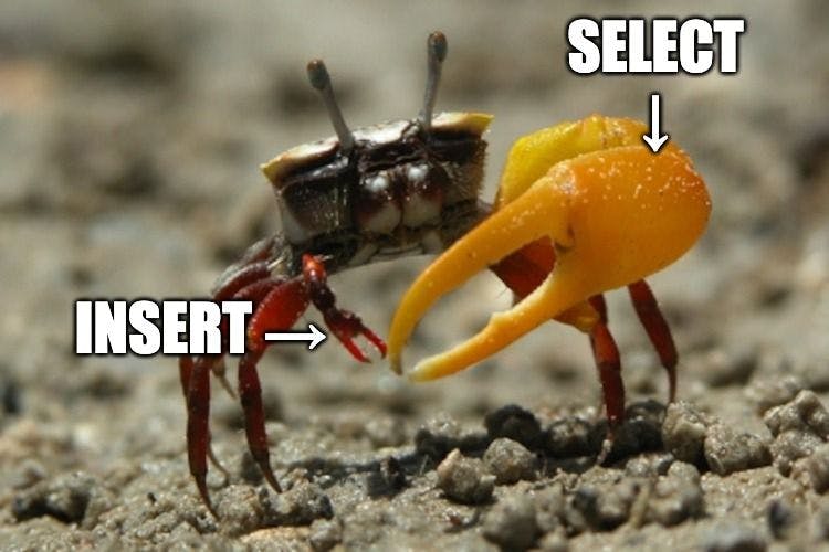 A crab with a large claw labeled 'select' and a small claw labeled 'insert'
