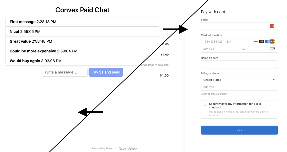 Split view of Convex Paid Chat UI and Stripe checkout