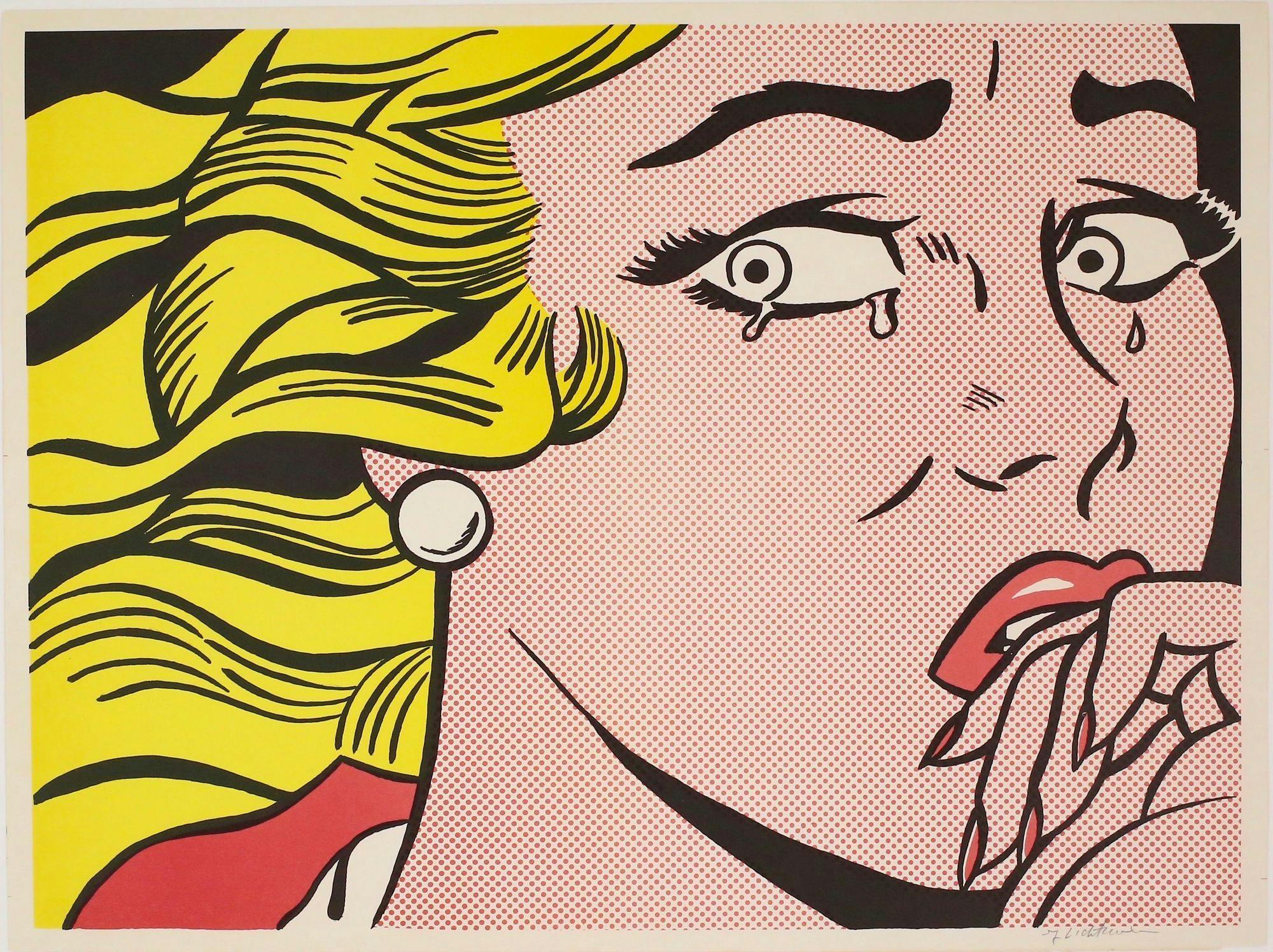 Image of Roy Lichtenstein's 1963 pop art piece “Crying Girl", depicting a woman looking nervous & upset with tears in her eyes (image via WikiArt, fair use)