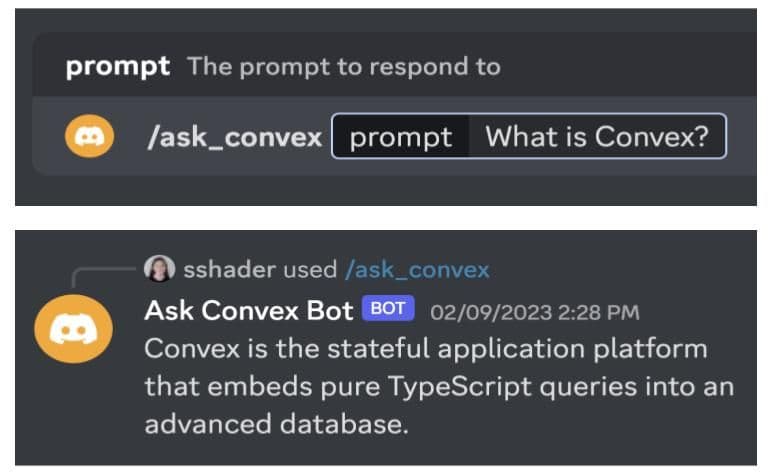 A prompt and response from a Discord bot powered by Convex