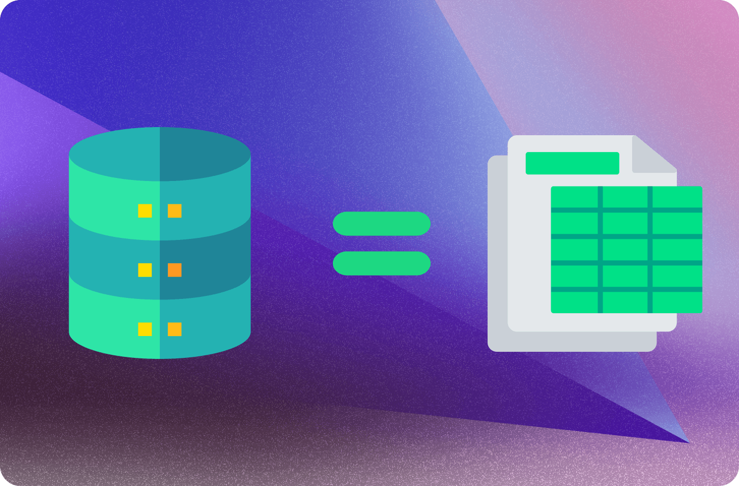 a database icon, an equals icon, followed by a spreadsheet icon