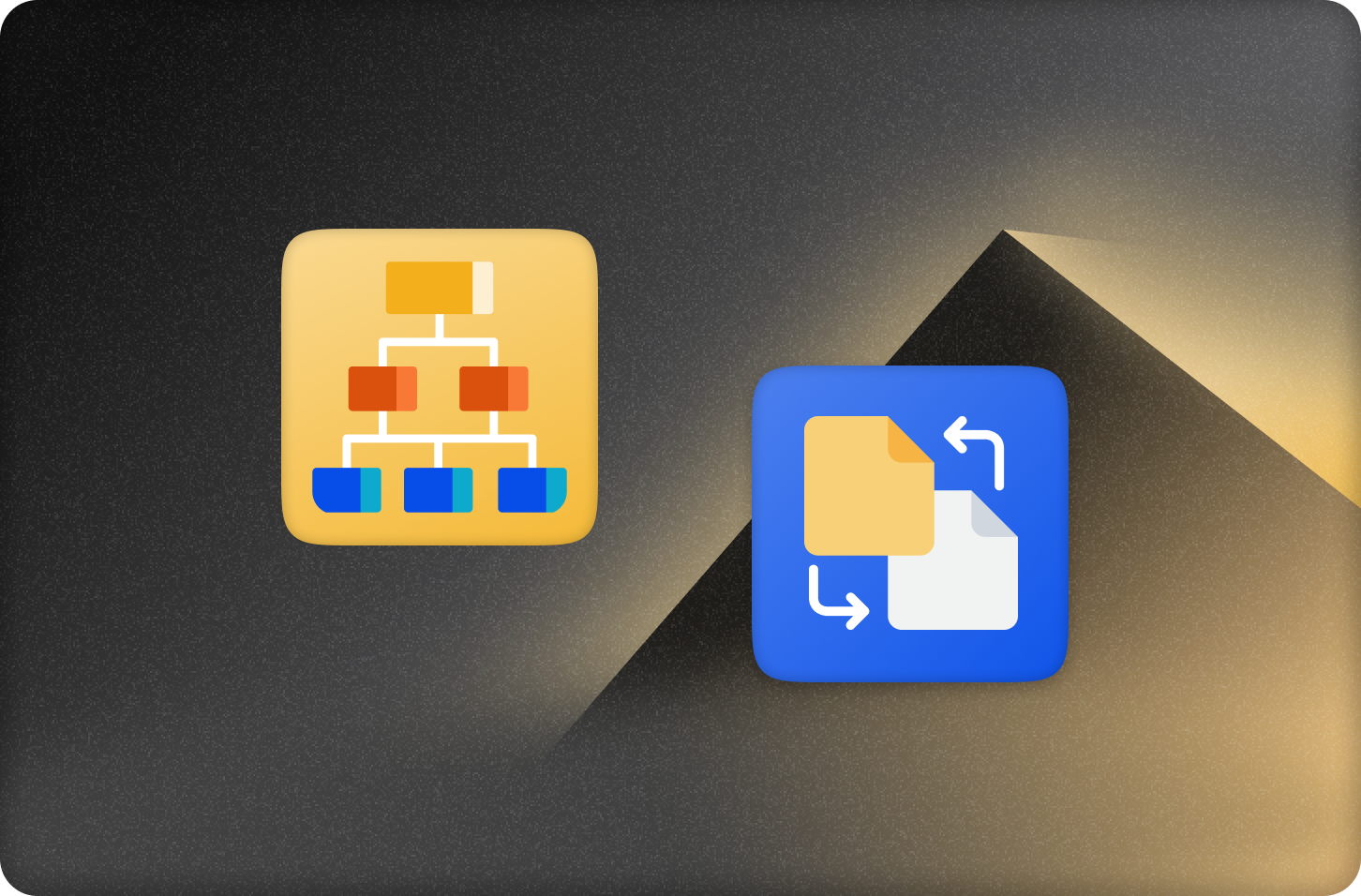 Icon of a schema in a yellow box next to an icon of a file migration in a black box