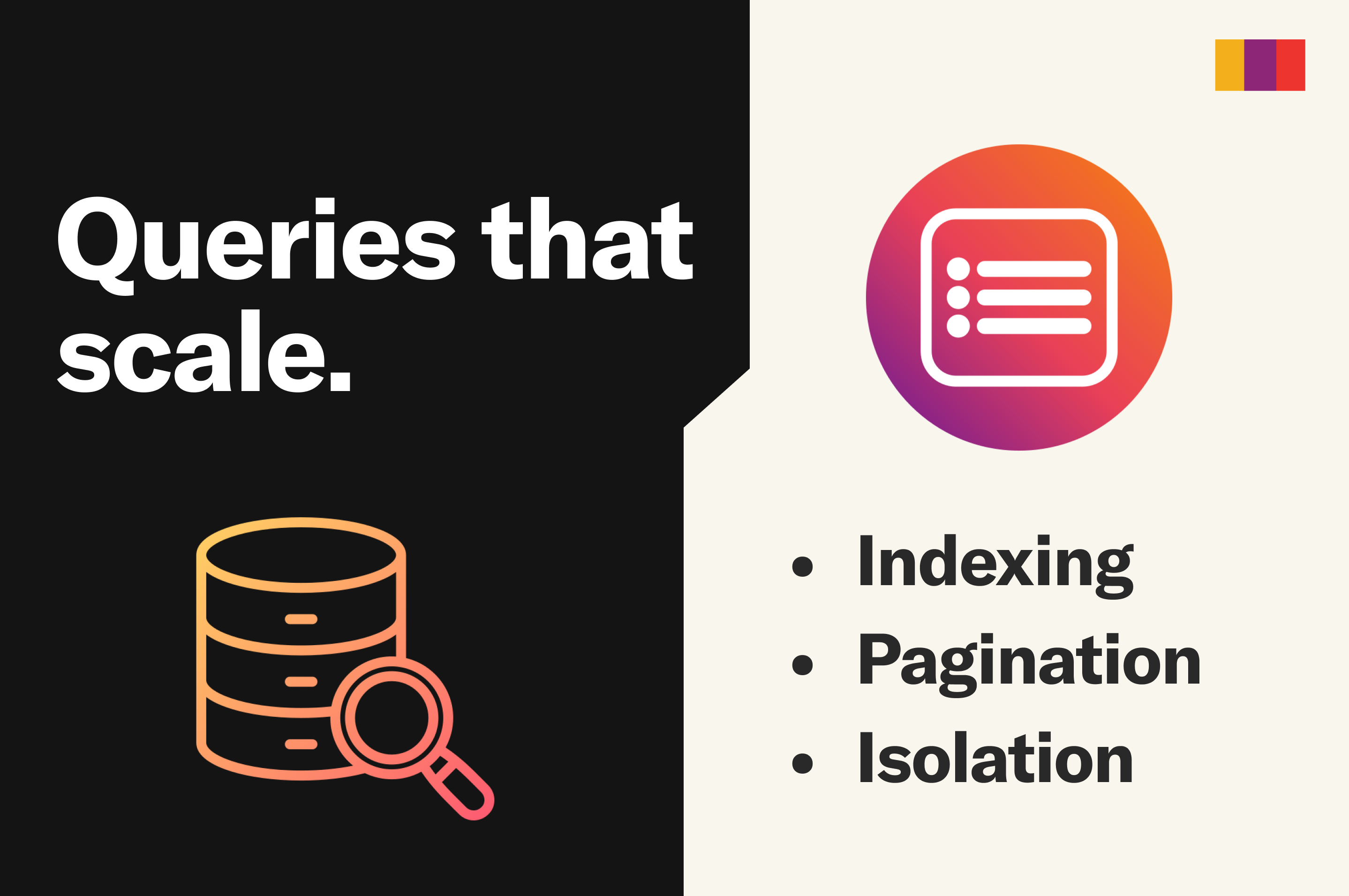 Queries that scale: Indexing, Pagination, Read/Write Isolation