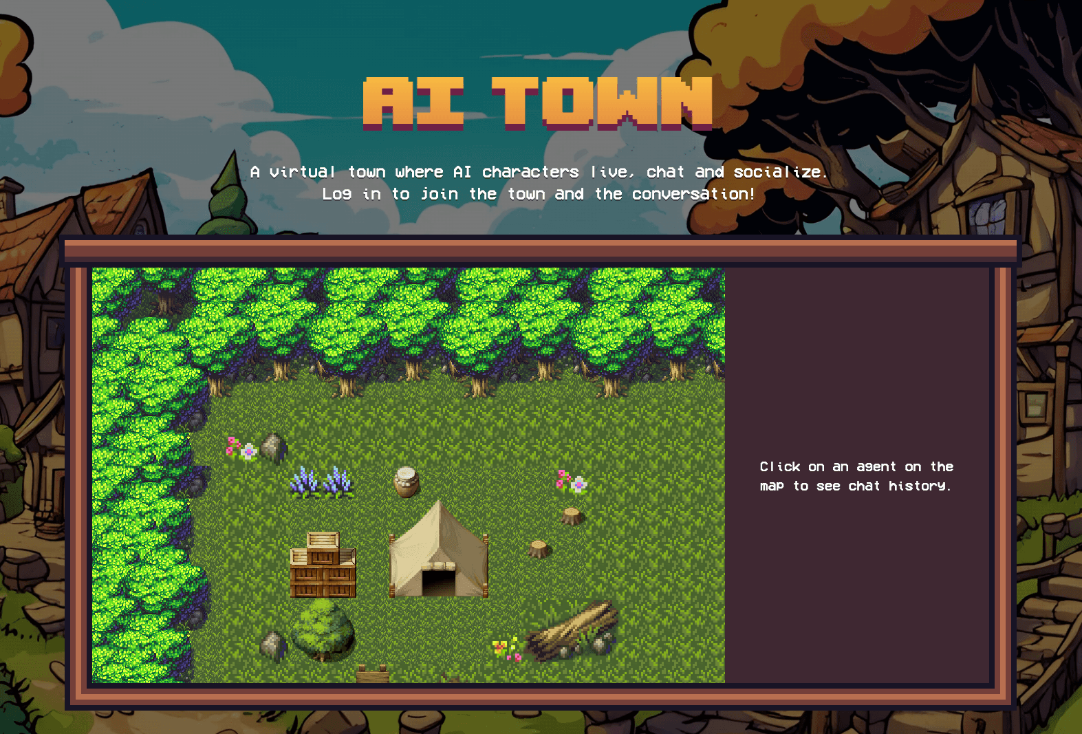 The new AI town frontend with new assets, featuring a forest camp where the agents hang out.