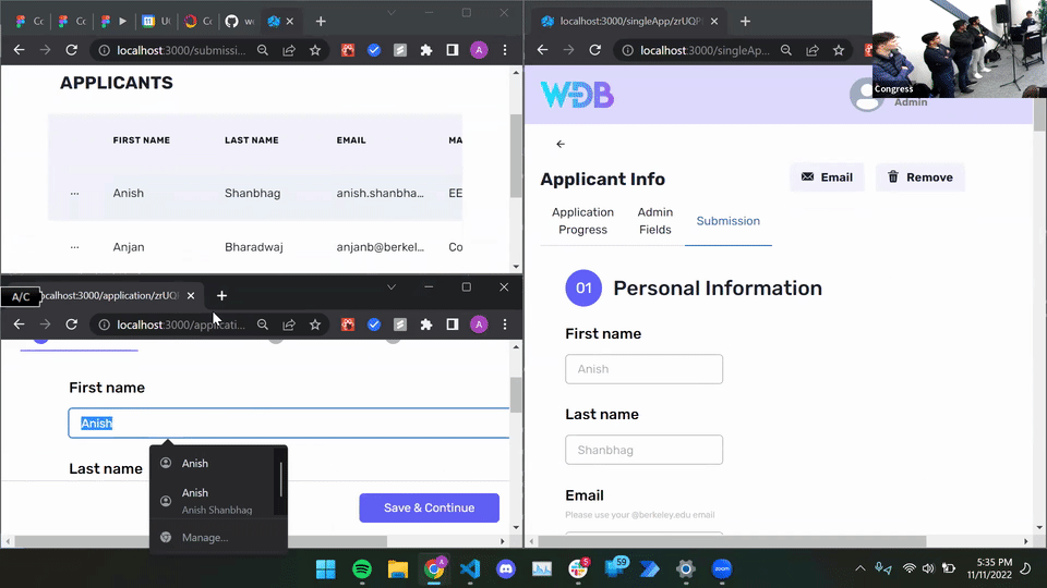 An application field live-updating in the application table and application review page