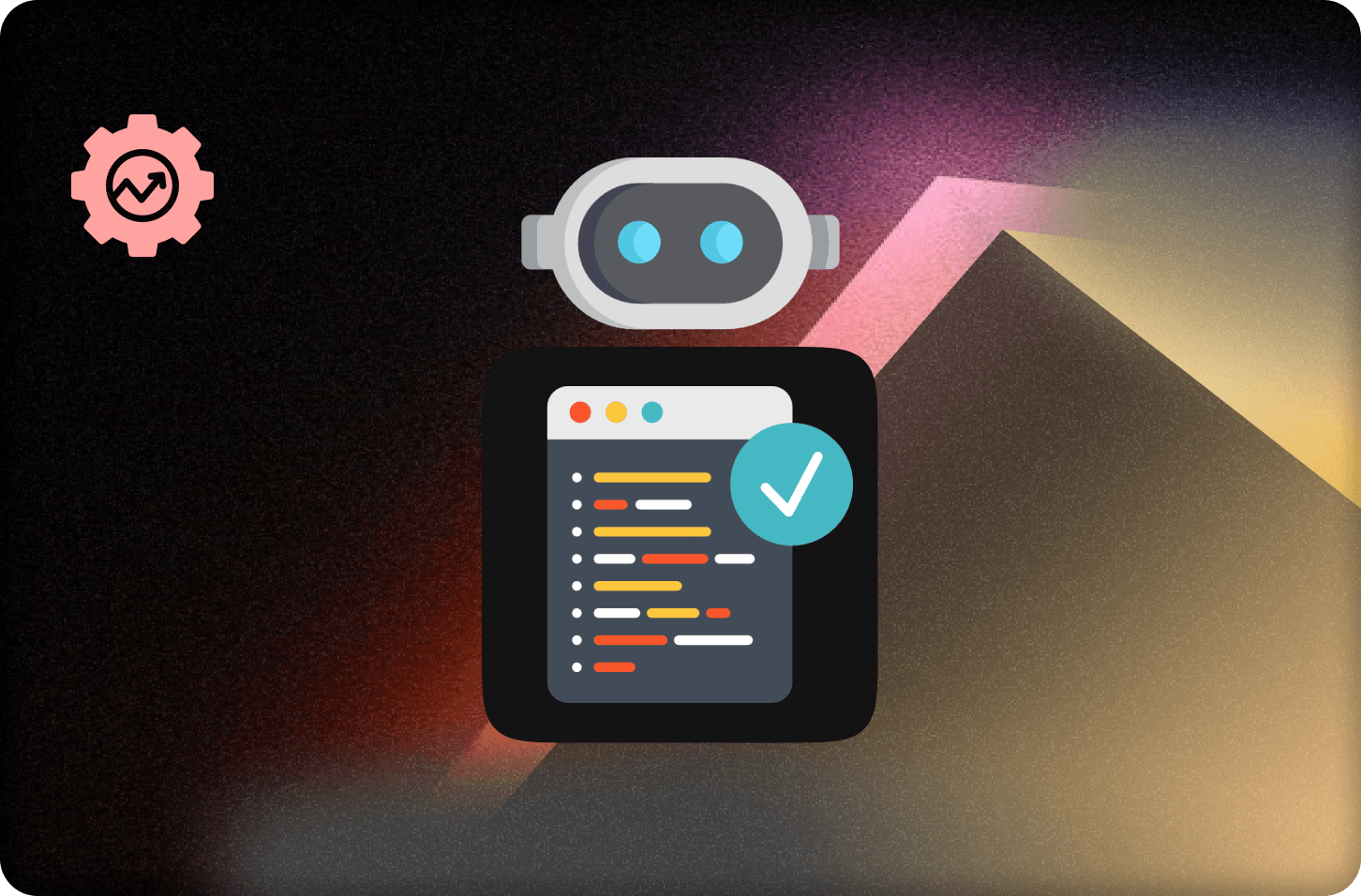 Robot above some code, with a gear and a line going up in the top left, representing vibe coding.