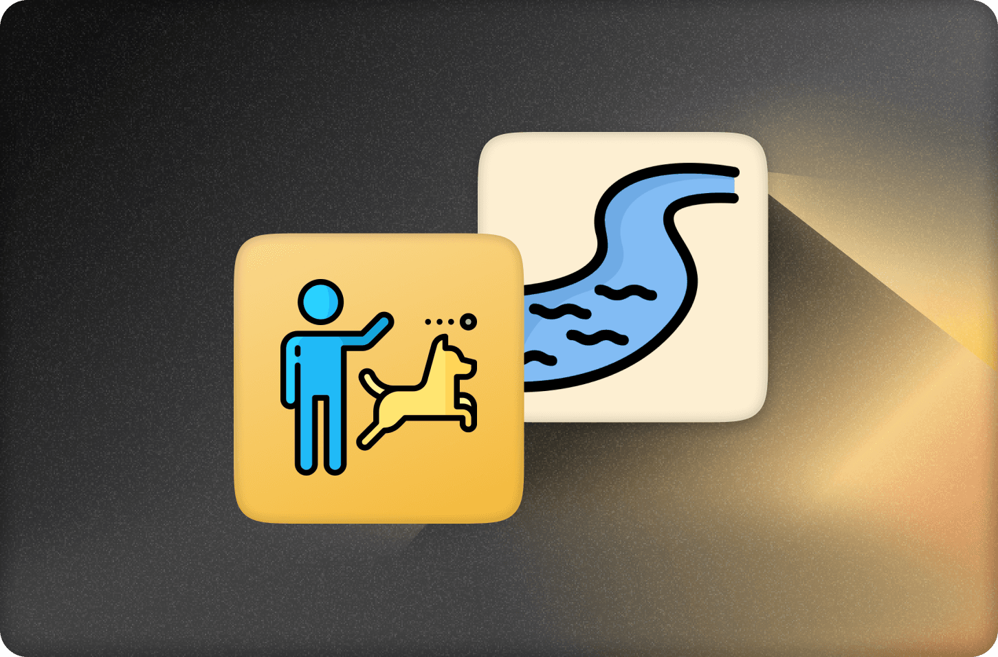 Icon of a person throwing a ball for a dog to fetch and a stream on the right, representing the post title