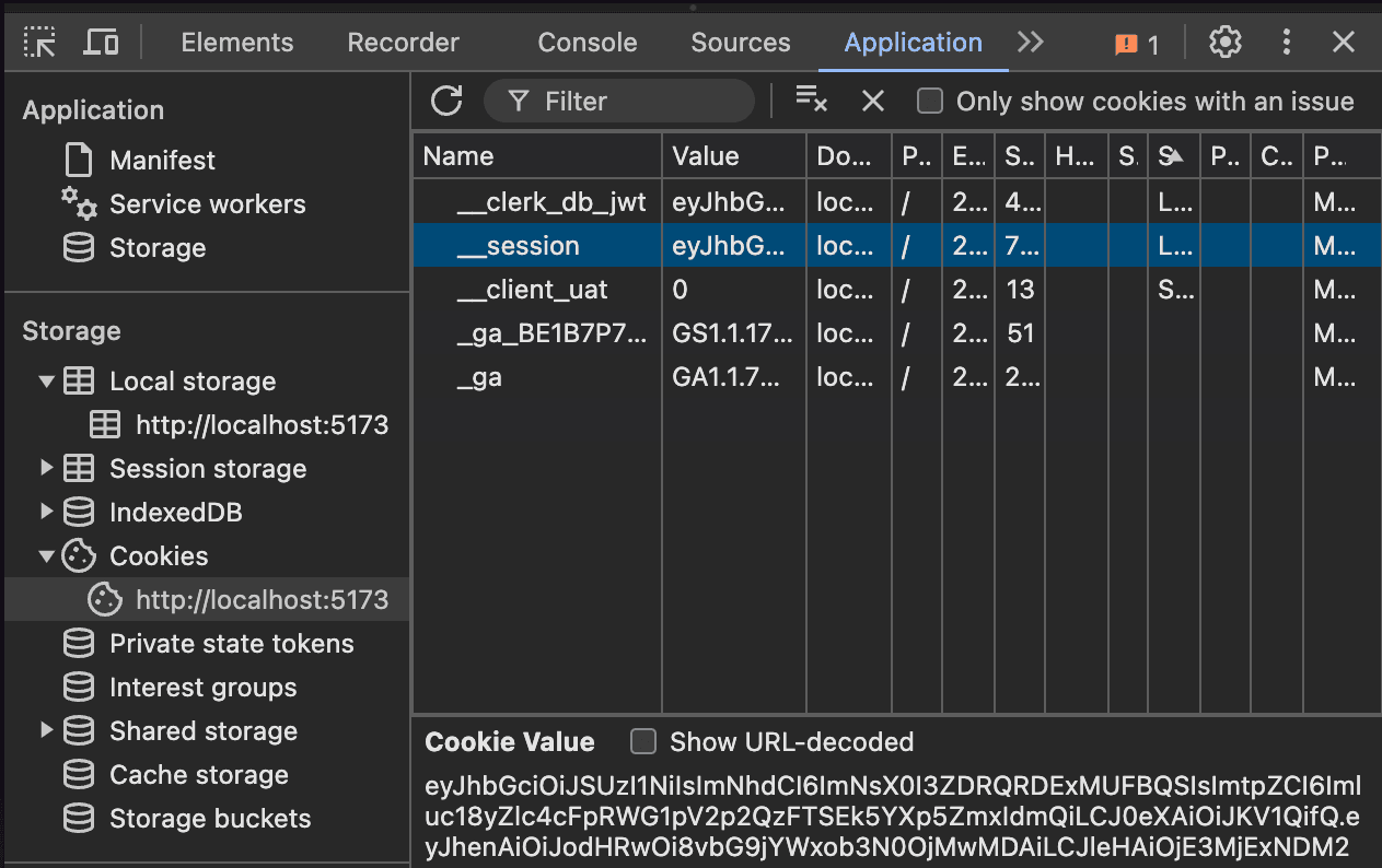 Cookies section, with a cookie named "__session..."