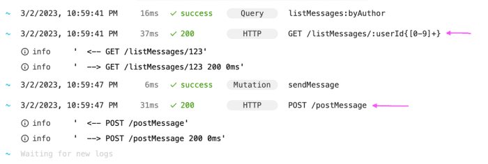 Logs showing GET /listMessages/:userId