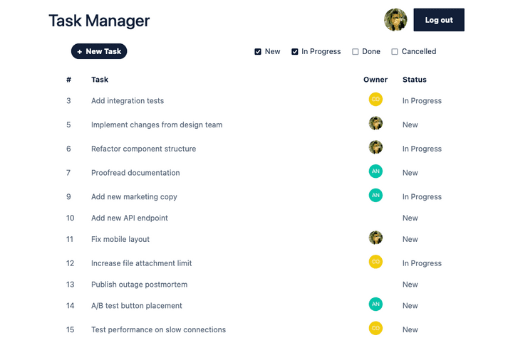 Screenshot of the same Task Manager app task list page, but now under the user icon and log out button at top right there are also checkbox inputs labeled “New” (checked), “In Progress” (checked), “Done” (unchecked), and “Cancelled” (unchecked).