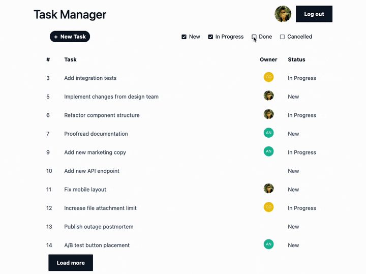 Screen capture of the same view of the app showing up to 10 tasks and possibly a “Load more” button. Now when the user clicks the checkboxes, there is no flash of the “Loading tasks…” message before the new data is shown.