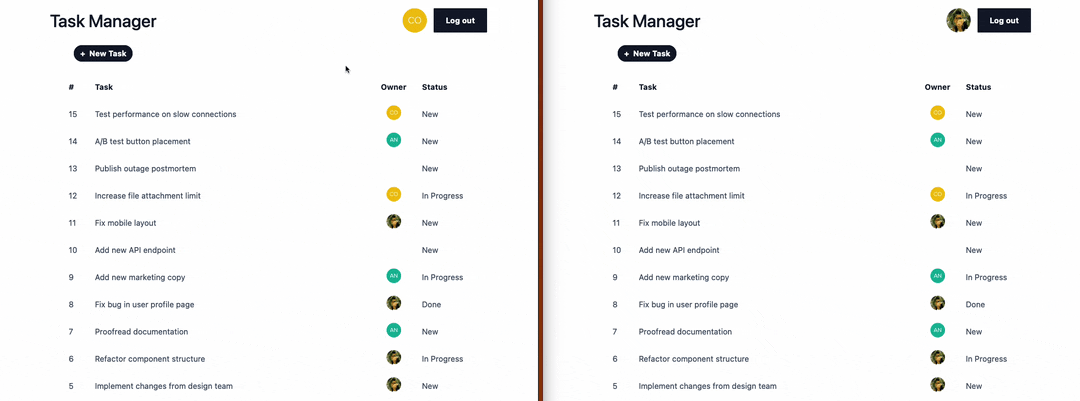 Screen capture of two separate users navigating to the Task Manager app in two windows side-by-side. In the left window, one user adds a new task titled “Reactively load data”. In the right window, another user is viewing the task list, and sees the new task appear instantly when the first user saves the new task.
