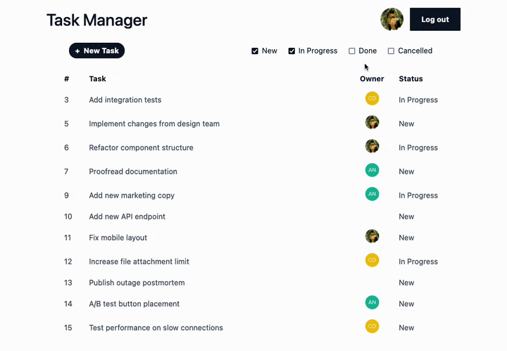 Screen capture of a user checking and unchecking the checkboxes. Each time one is checked/unchecked, the task list briefly disappears, replaced by “Loading tasks…” text, and then quickly reappears with tasks that match the new checkbox selections.
